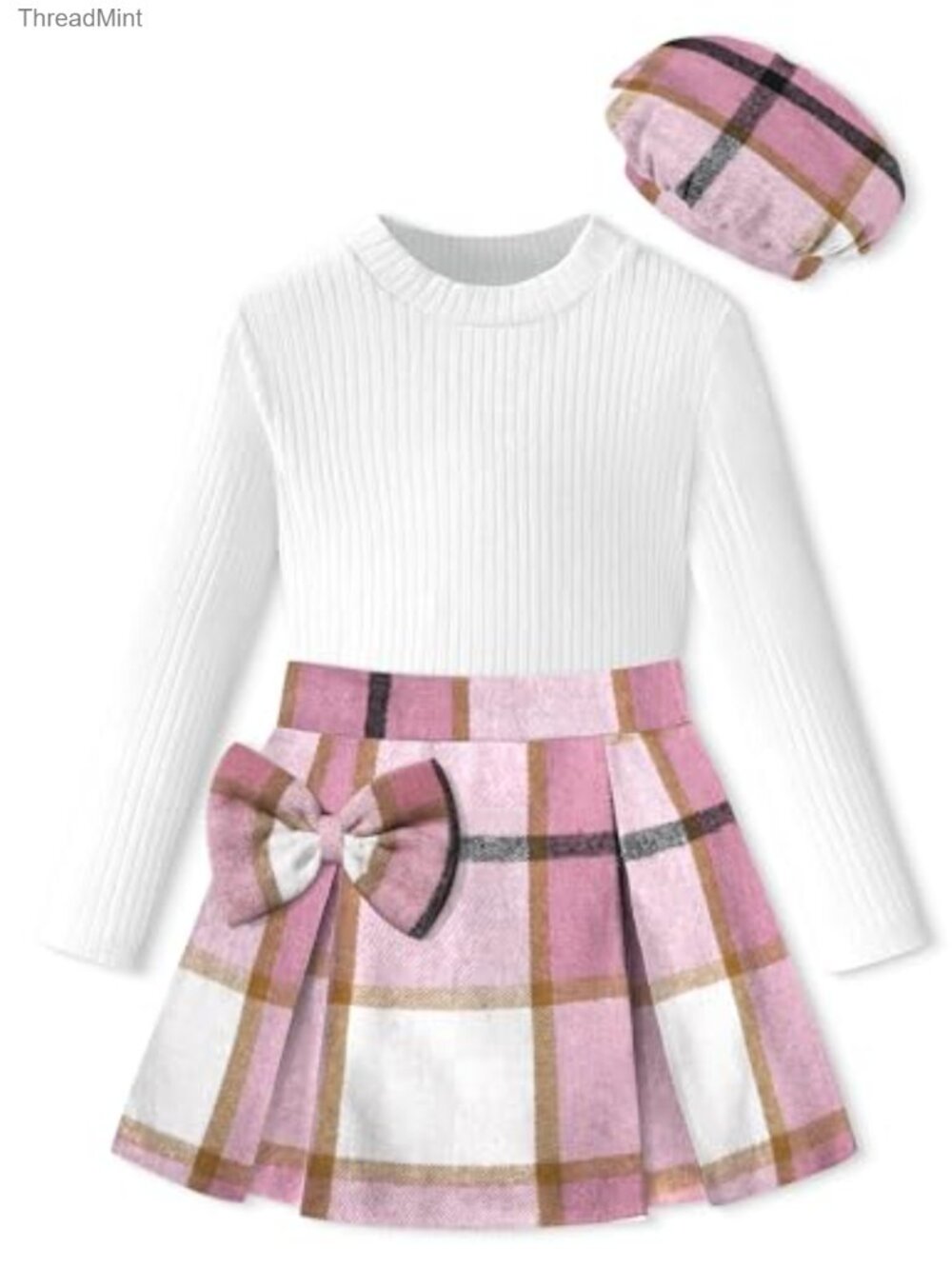 Girls Plaid Skirt Sets 3 Piece Fall Winter Outfit Ribbed Top Shorts Beret